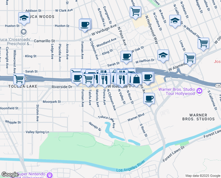 map of restaurants, bars, coffee shops, grocery stores, and more near 4444 Riverside Drive in Burbank