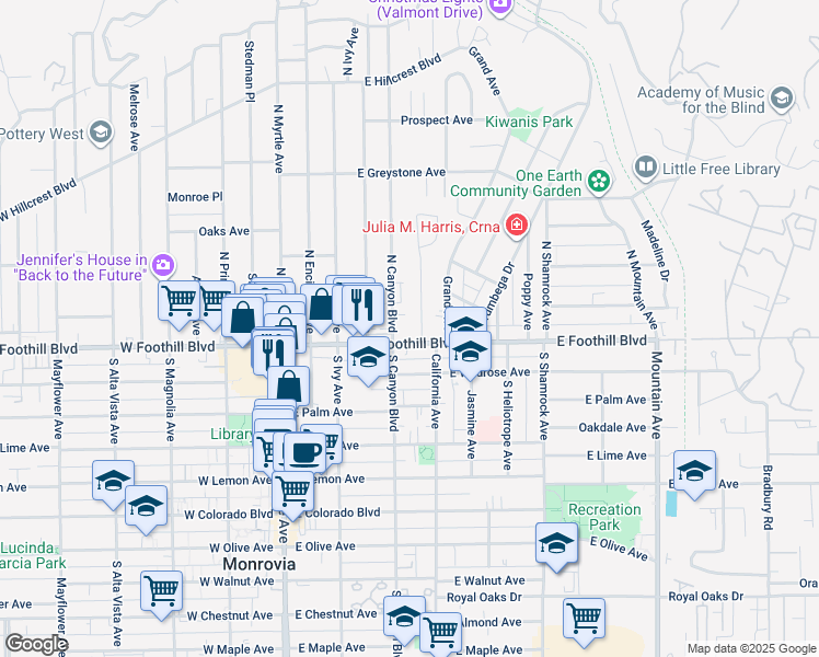 map of restaurants, bars, coffee shops, grocery stores, and more near 111 Poinsettia Avenue in Monrovia