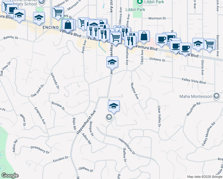 map of restaurants, bars, coffee shops, grocery stores, and more near 4466 Hayvenhurst Avenue in Los Angeles