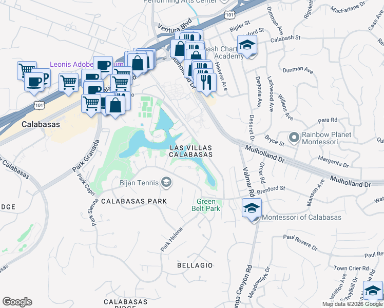 map of restaurants, bars, coffee shops, grocery stores, and more near 4604 Park Adelfa in Calabasas