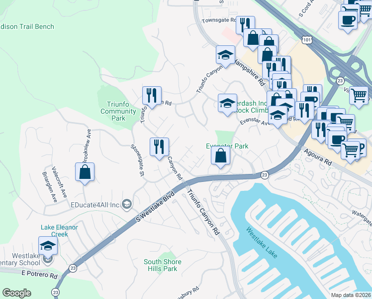 map of restaurants, bars, coffee shops, grocery stores, and more near 1045 Barrow Court in Westlake Village