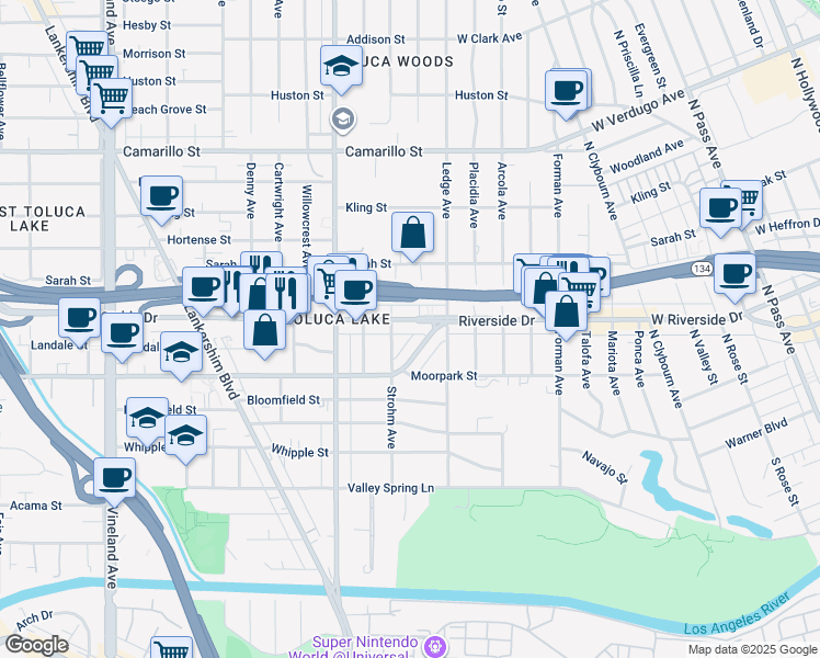 map of restaurants, bars, coffee shops, grocery stores, and more near 10458 Riverside Drive in Los Angeles