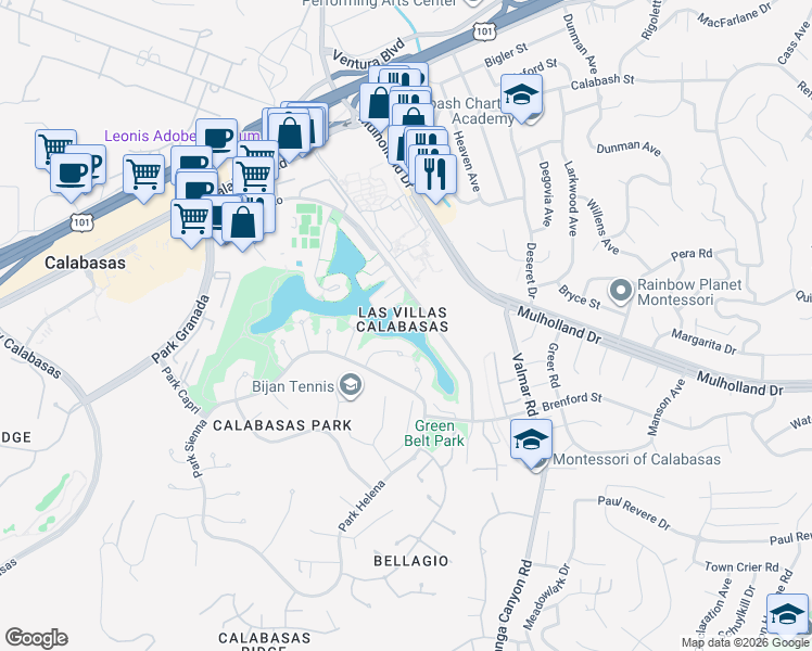 map of restaurants, bars, coffee shops, grocery stores, and more near 4604 Park Adelfa in Calabasas