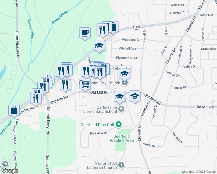 map of restaurants, bars, coffee shops, grocery stores, and more near 8 Courtyard Lane in Cartersville