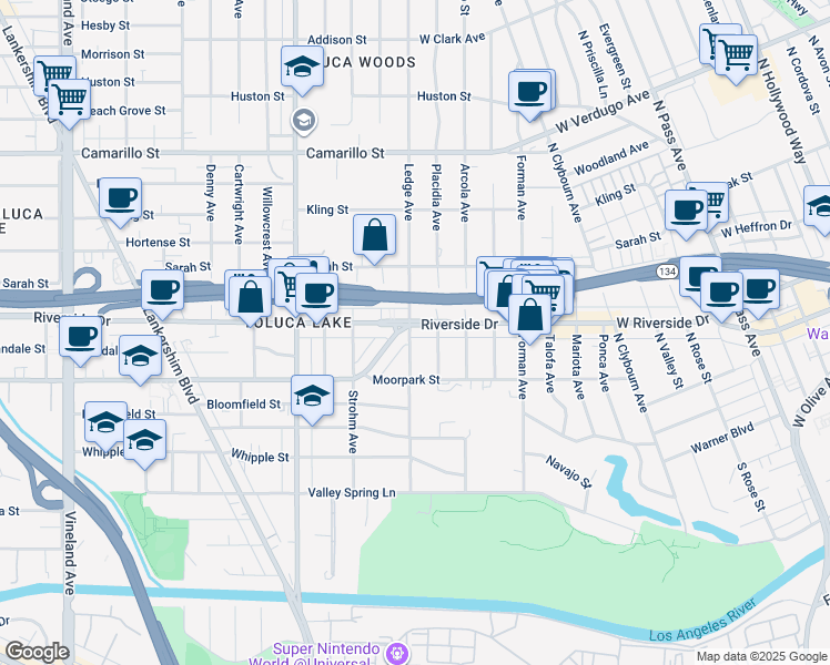 map of restaurants, bars, coffee shops, grocery stores, and more near 4461 Moorpark Way in Los Angeles