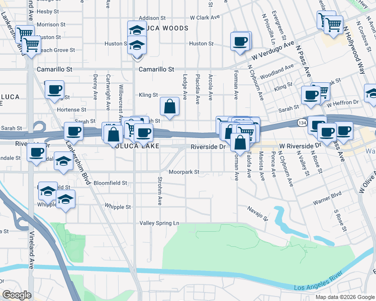 map of restaurants, bars, coffee shops, grocery stores, and more near in Los Angeles County