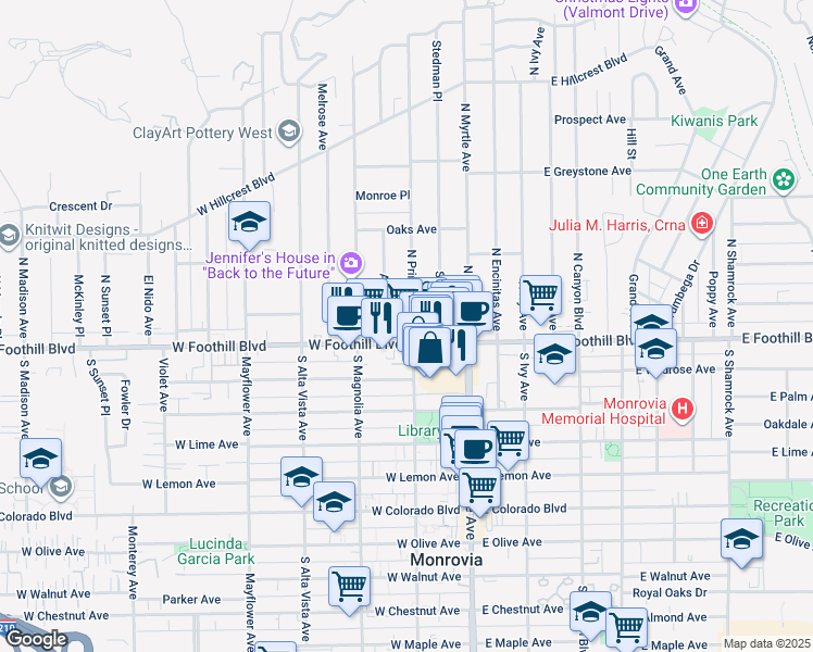 map of restaurants, bars, coffee shops, grocery stores, and more near 113 North Primrose Avenue in Monrovia