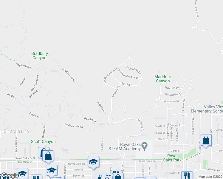map of restaurants, bars, coffee shops, grocery stores, and more near 107 Spinks Canyon Road in Duarte