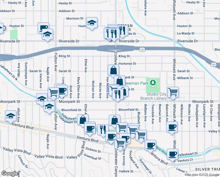 map of restaurants, bars, coffee shops, grocery stores, and more near 4454 Van Noord Avenue in Los Angeles