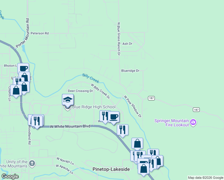 map of restaurants, bars, coffee shops, grocery stores, and more near 539 West Pine Shadow Drive in Pinetop-Lakeside