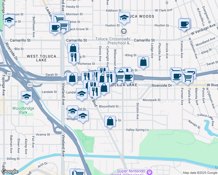 map of restaurants, bars, coffee shops, grocery stores, and more near 10654 Riverside Drive in Los Angeles