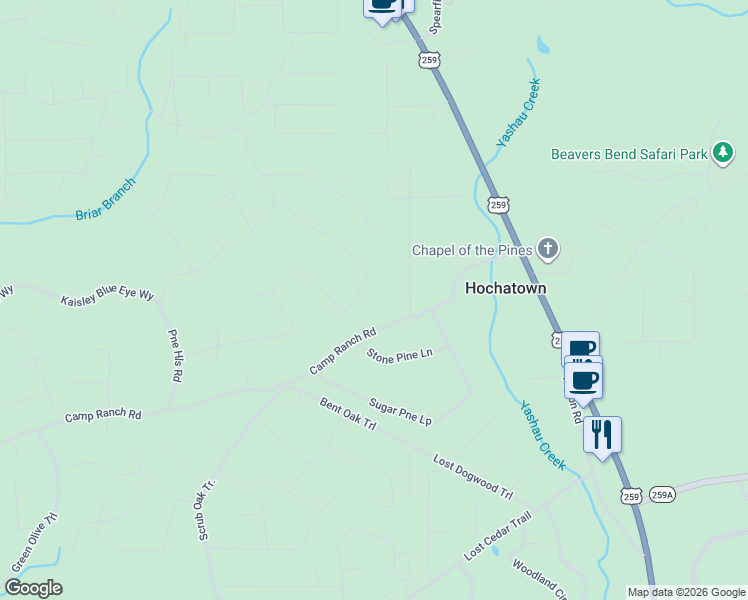 map of restaurants, bars, coffee shops, grocery stores, and more near 357 Hochamagnolia Trail in Broken Bow