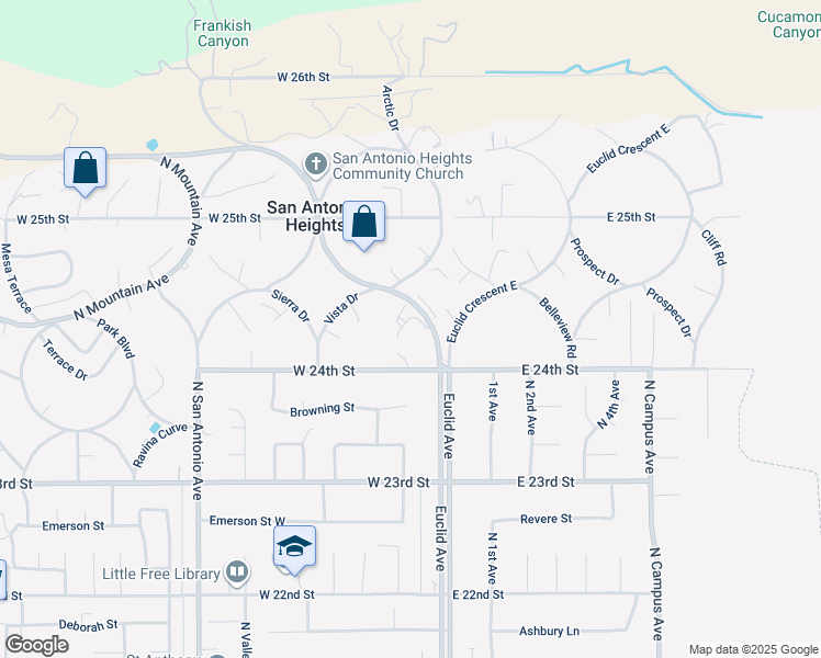 map of restaurants, bars, coffee shops, grocery stores, and more near 2419 North Euclid Avenue in Upland