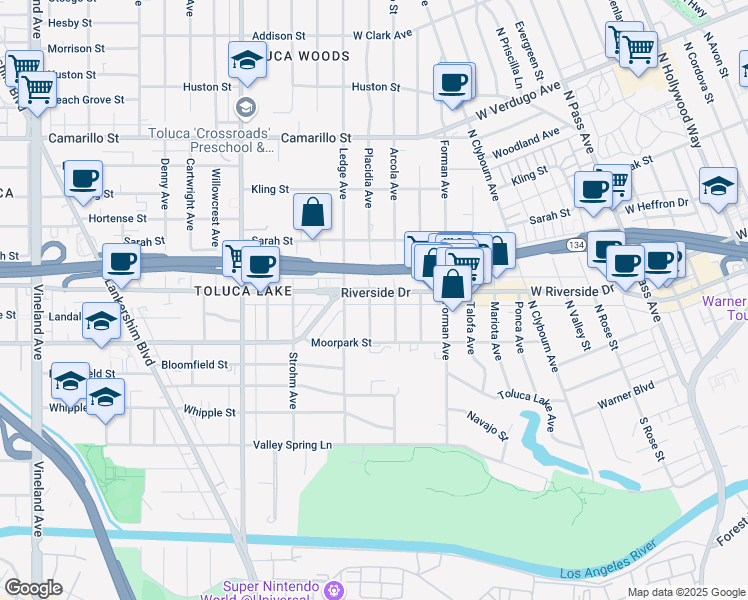 map of restaurants, bars, coffee shops, grocery stores, and more near 4450 Placidia Avenue in Los Angeles