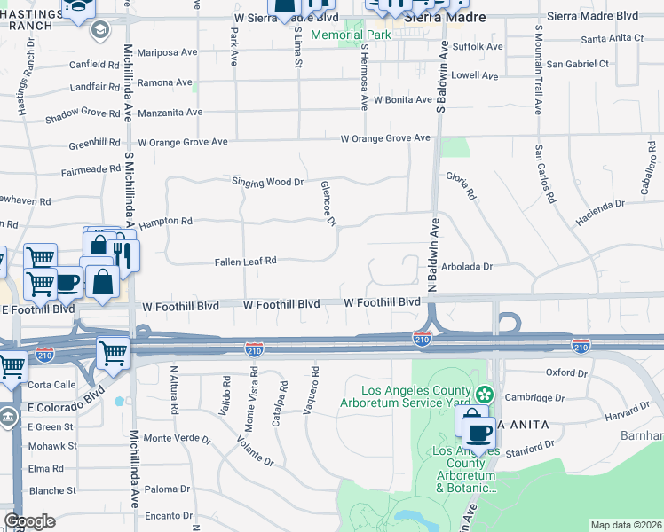 map of restaurants, bars, coffee shops, grocery stores, and more near 900 Fallen Leaf Road in Arcadia