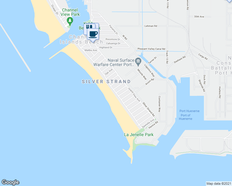 map of restaurants, bars, coffee shops, grocery stores, and more near Ocean Drive & Ventura Avenue in Oxnard
