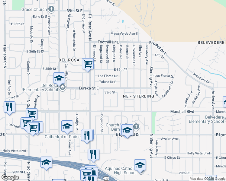 map of restaurants, bars, coffee shops, grocery stores, and more near 25460 33rd Street in San Bernardino