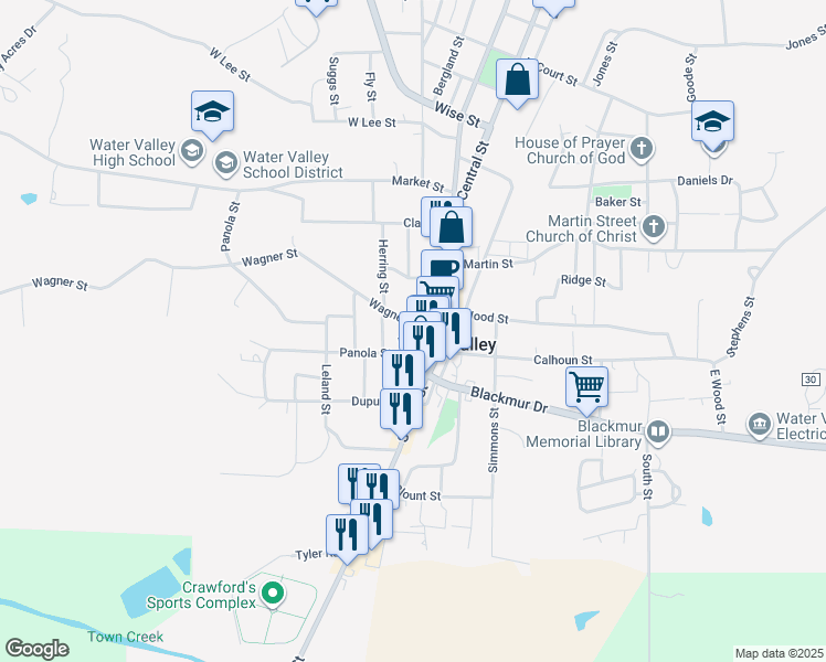 map of restaurants, bars, coffee shops, grocery stores, and more near 203 Wagner Street in Water Valley