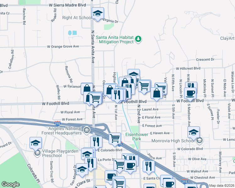 map of restaurants, bars, coffee shops, grocery stores, and more near 1120 Highland Oaks Drive in Arcadia