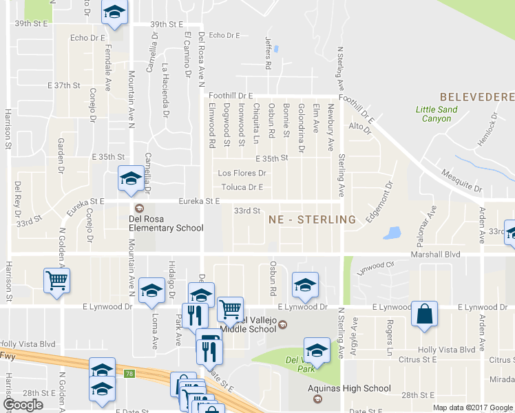 map of restaurants, bars, coffee shops, grocery stores, and more near 25460 33rd Street in San Bernardino
