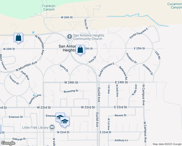 map of restaurants, bars, coffee shops, grocery stores, and more near 2419 North Euclid Avenue in Upland
