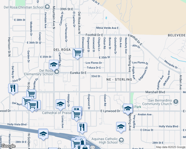 map of restaurants, bars, coffee shops, grocery stores, and more near 25400 33rd Street in San Bernardino