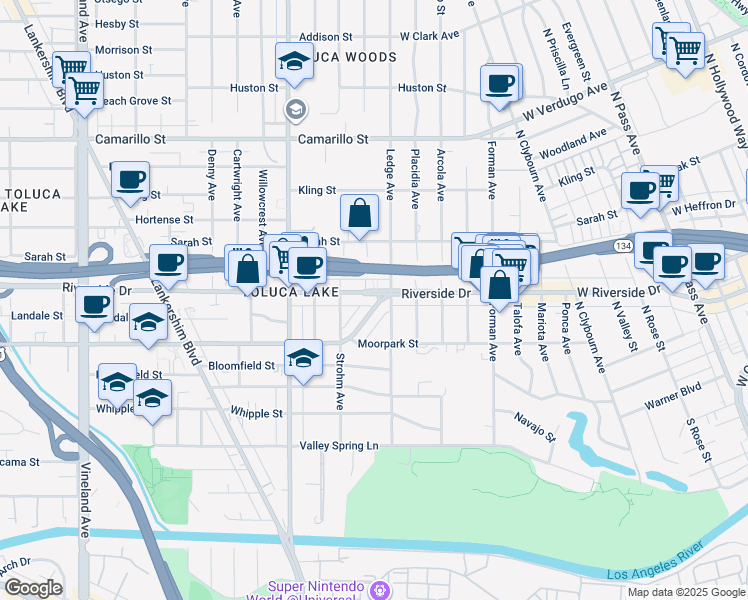 map of restaurants, bars, coffee shops, grocery stores, and more near 4461 Moorpark Way in Los Angeles