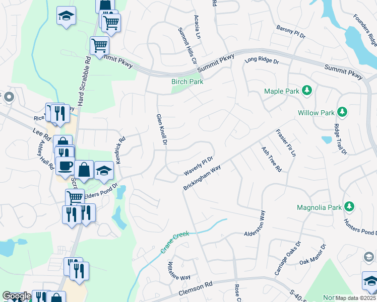 map of restaurants, bars, coffee shops, grocery stores, and more near 1111 Waverly Place Lane in Columbia