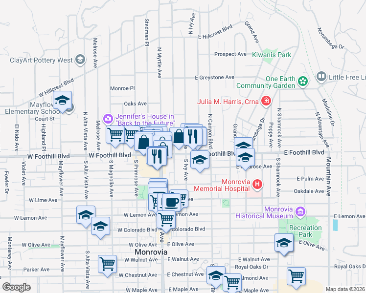 map of restaurants, bars, coffee shops, grocery stores, and more near 113 North Ivy Avenue in Monrovia