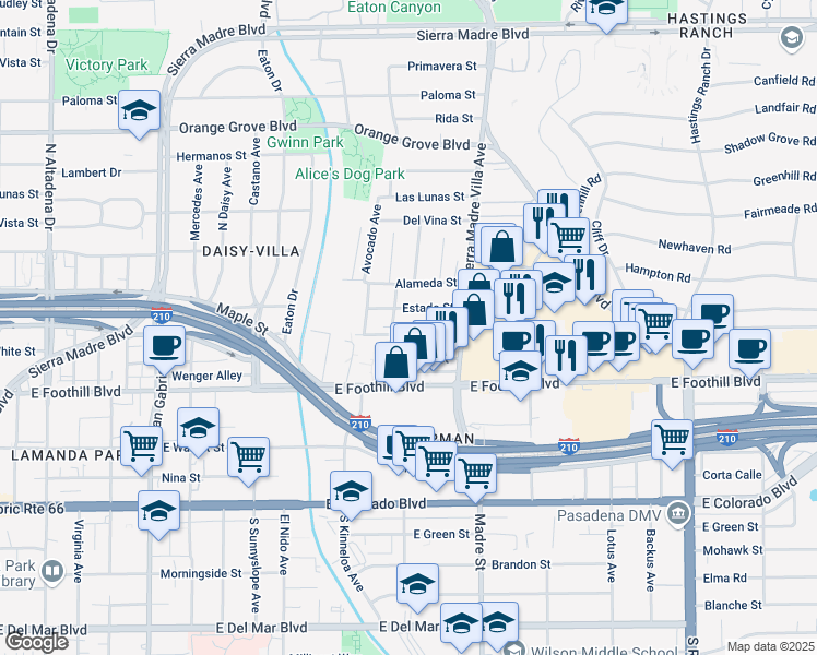 map of restaurants, bars, coffee shops, grocery stores, and more near 3191 La Tierra Street in Pasadena