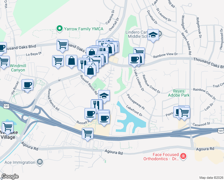 map of restaurants, bars, coffee shops, grocery stores, and more near 30801 Calaise Court in Westlake Village