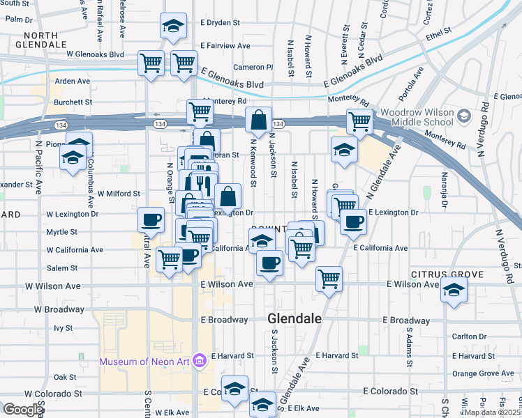 map of restaurants, bars, coffee shops, grocery stores, and more near 400 North Kenwood Street in Glendale