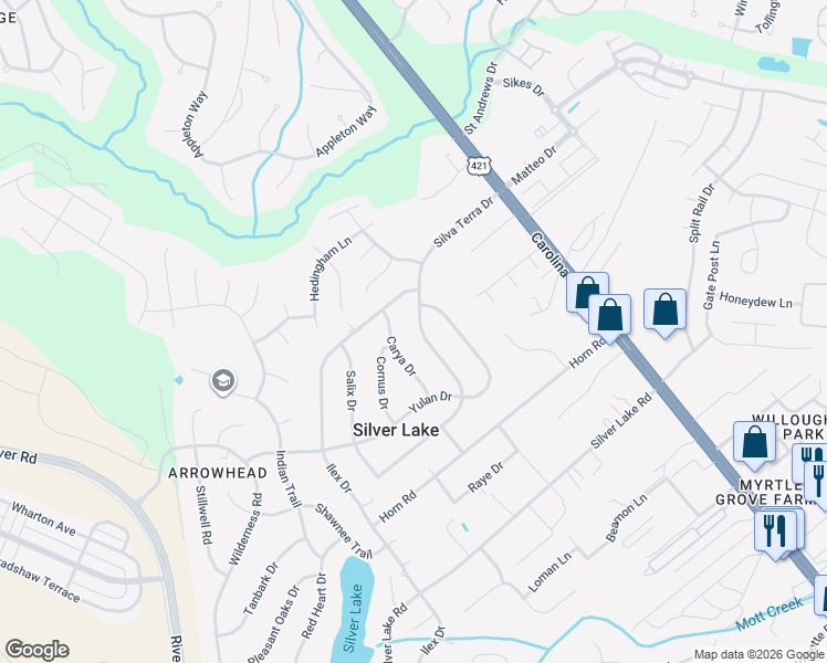 map of restaurants, bars, coffee shops, grocery stores, and more near 4710 Silva Terra Drive in Wilmington