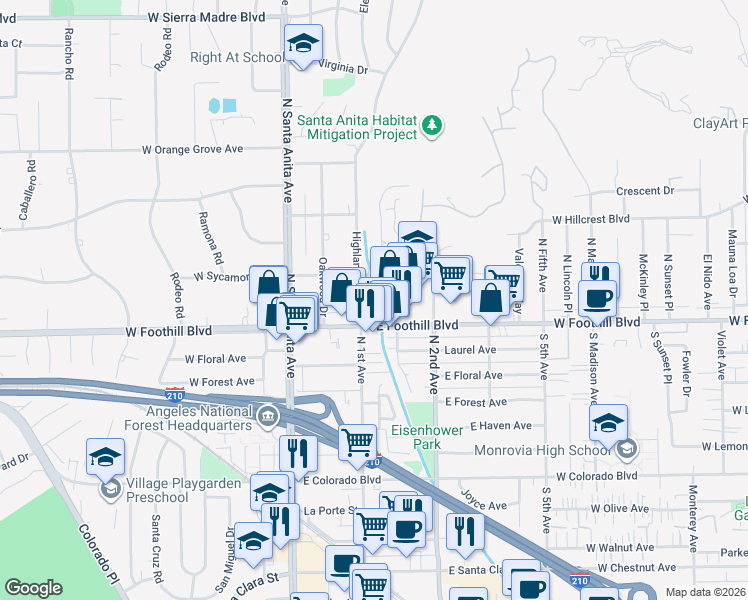 map of restaurants, bars, coffee shops, grocery stores, and more near 1120 Highland Oaks Drive in Arcadia