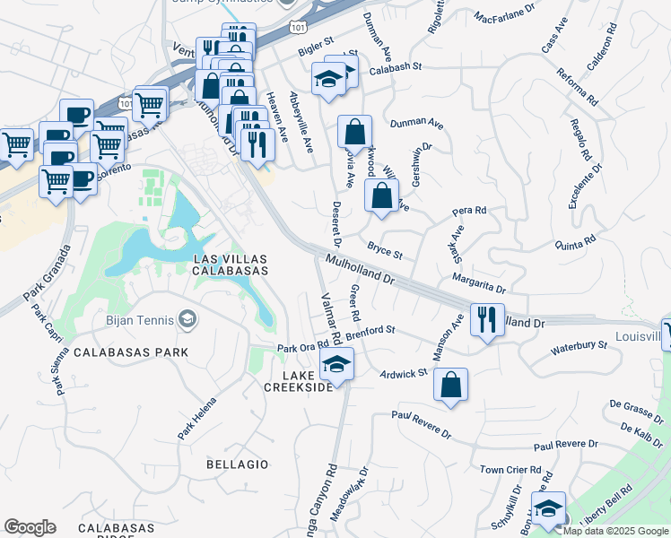 map of restaurants, bars, coffee shops, grocery stores, and more near 23100 Mulholland Drive in Los Angeles