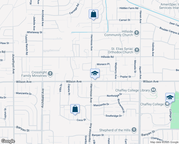 map of restaurants, bars, coffee shops, grocery stores, and more near 10081 Waterford Lane in Rancho Cucamonga