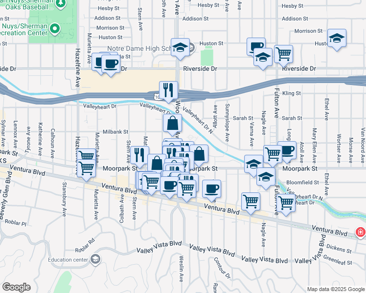 map of restaurants, bars, coffee shops, grocery stores, and more near 4458 Woodman Avenue in Los Angeles