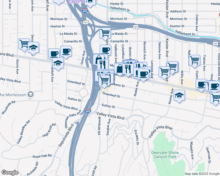 map of restaurants, bars, coffee shops, grocery stores, and more near 4528 Saugus Avenue in Los Angeles