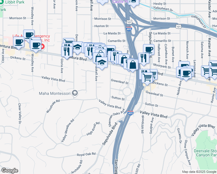 map of restaurants, bars, coffee shops, grocery stores, and more near 4439 Firmament Avenue in Los Angeles