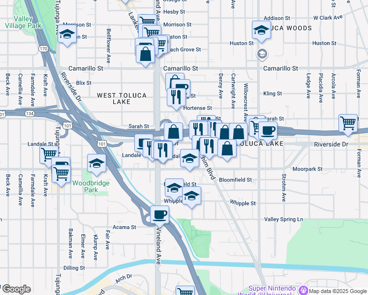map of restaurants, bars, coffee shops, grocery stores, and more near 10866 Riverside Drive in Los Angeles