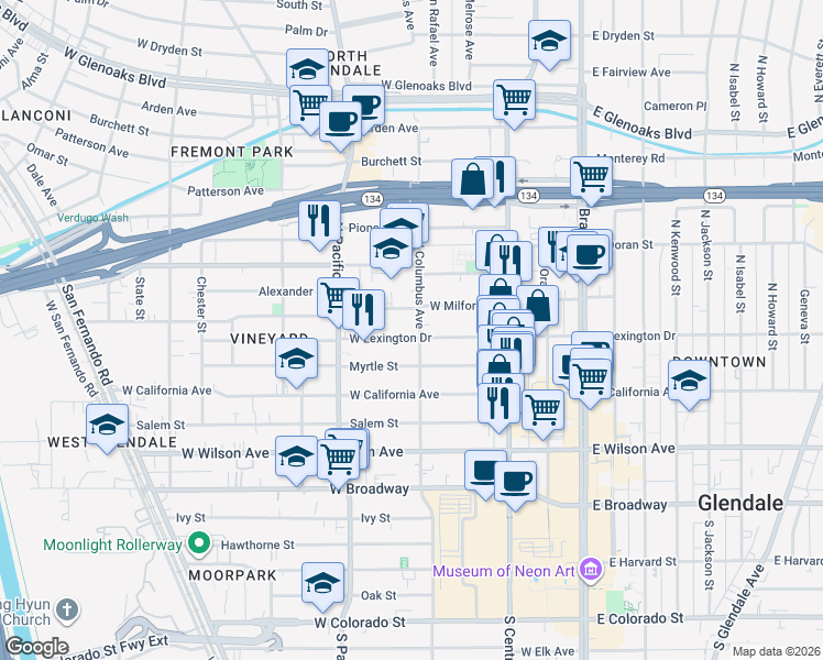 map of restaurants, bars, coffee shops, grocery stores, and more near 407 West Lexington Drive in Glendale