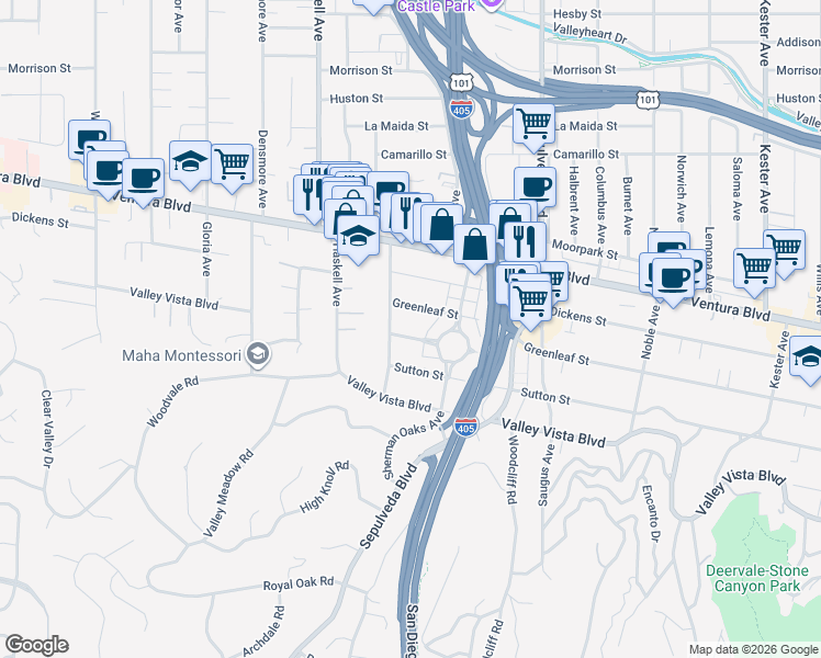 map of restaurants, bars, coffee shops, grocery stores, and more near 15451 Varden Street in Los Angeles