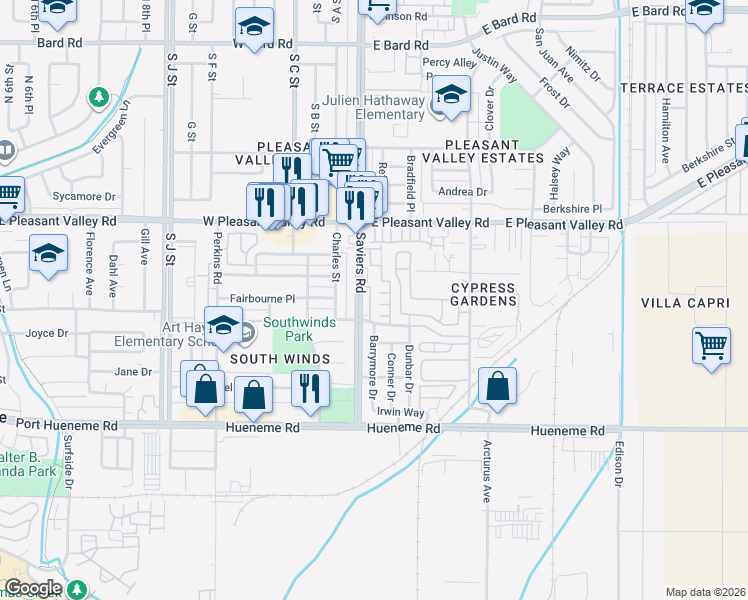 map of restaurants, bars, coffee shops, grocery stores, and more near 5302 Barrymore Drive in Oxnard