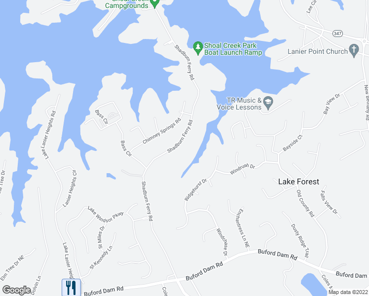 map of restaurants, bars, coffee shops, grocery stores, and more near 5991 Shadburn Ferry Rd in Buford