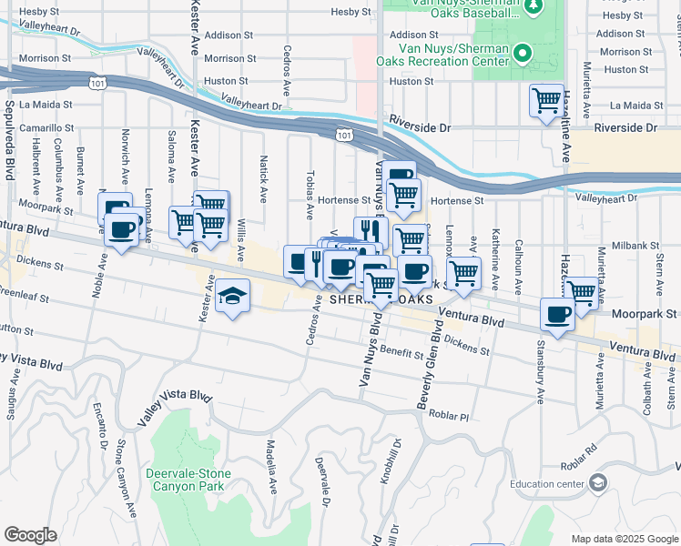 map of restaurants, bars, coffee shops, grocery stores, and more near 14554 Moorpark Street in Los Angeles