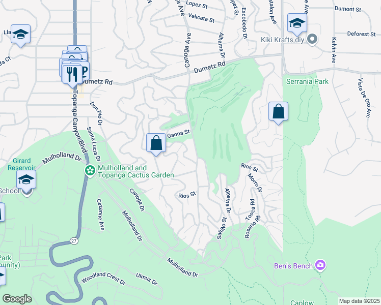 map of restaurants, bars, coffee shops, grocery stores, and more near 4560 Saltillo Street in Los Angeles