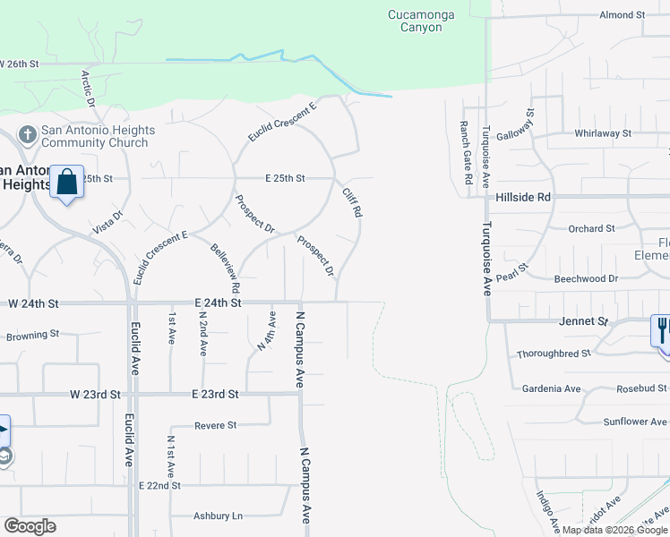 map of restaurants, bars, coffee shops, grocery stores, and more near 2411 Cliff Road in Upland