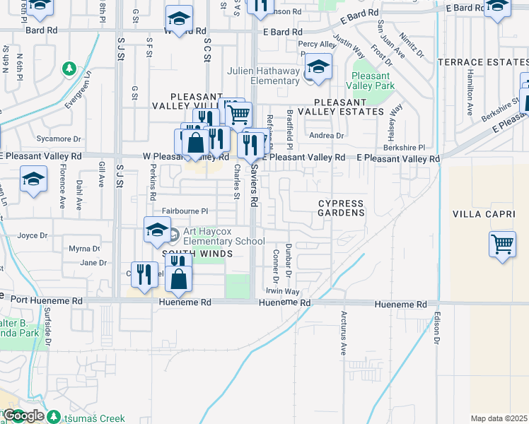 map of restaurants, bars, coffee shops, grocery stores, and more near 5302 Barrymore Drive in Oxnard