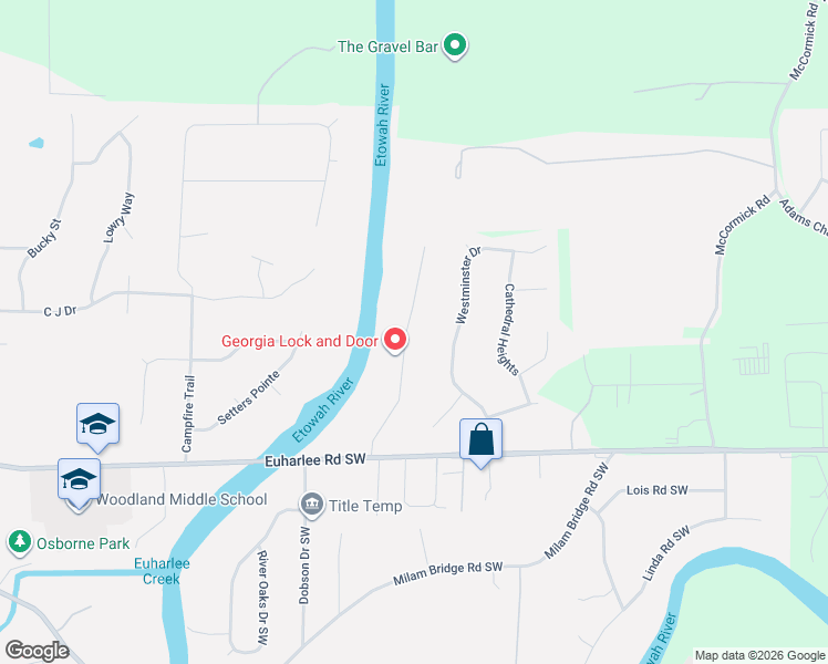 map of restaurants, bars, coffee shops, grocery stores, and more near 36 Cliffhanger Pointe Southwest in Euharlee