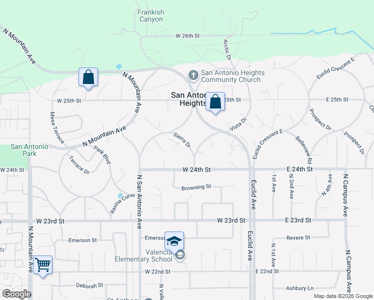 map of restaurants, bars, coffee shops, grocery stores, and more near 2423 Sierra Drive in Upland